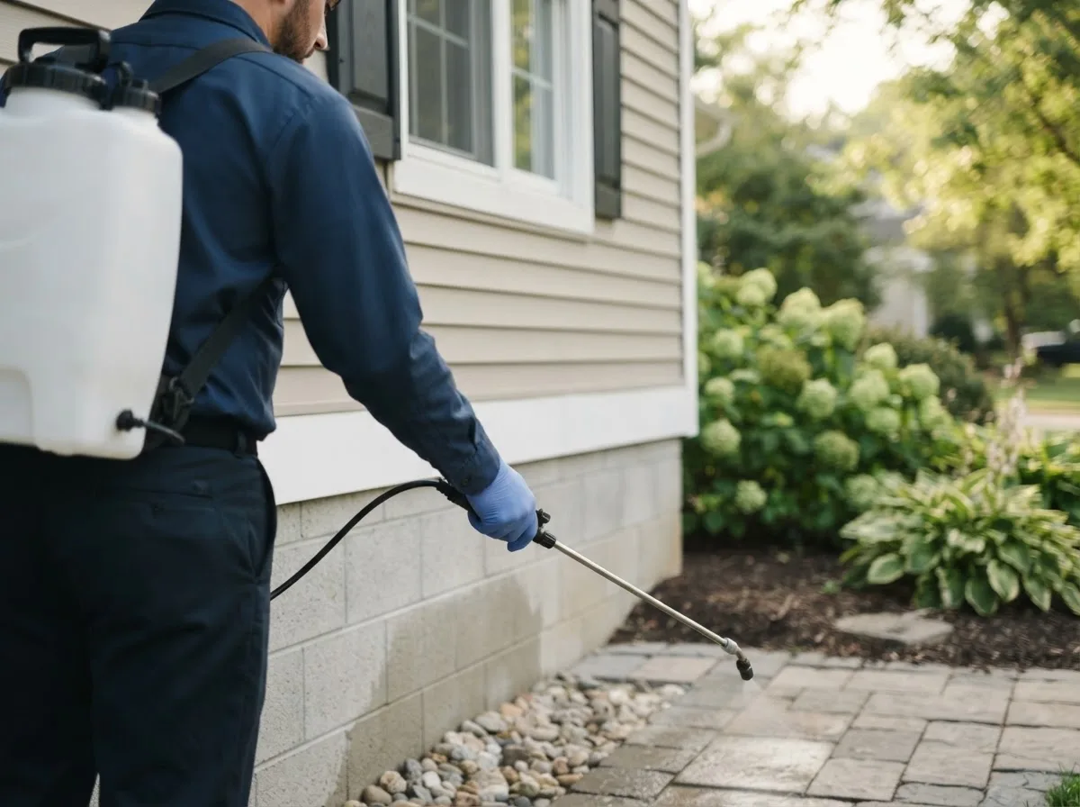 Pest control technician inspecting a home in Stewardson, IL